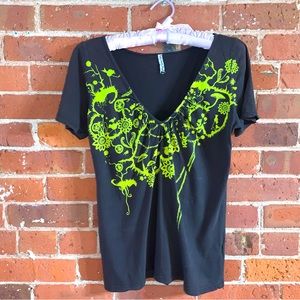 Urban Outfitters Truly Madly Deeply V-Neck Black/Dark Gray w/ Neon Detail M